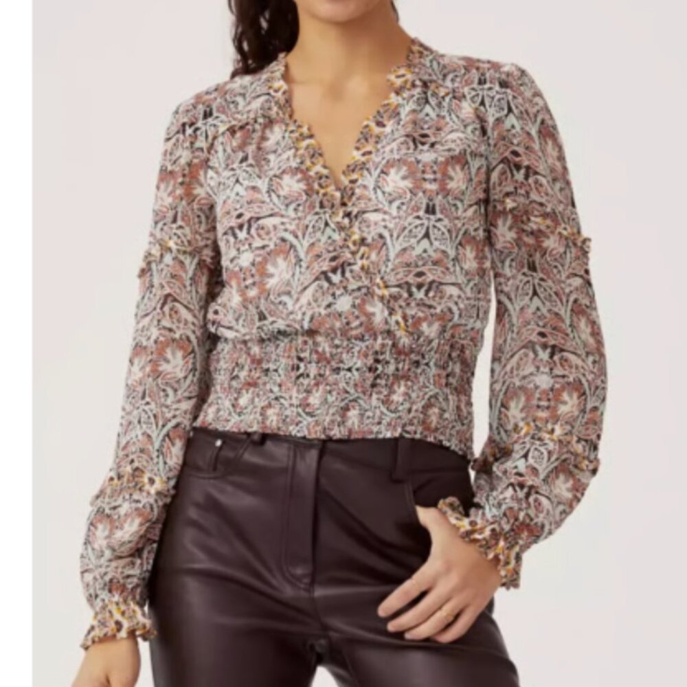 Anthropologie Women’s Faux Wrap Smocked Boho Ruffle Top Blouse Size Small N55
